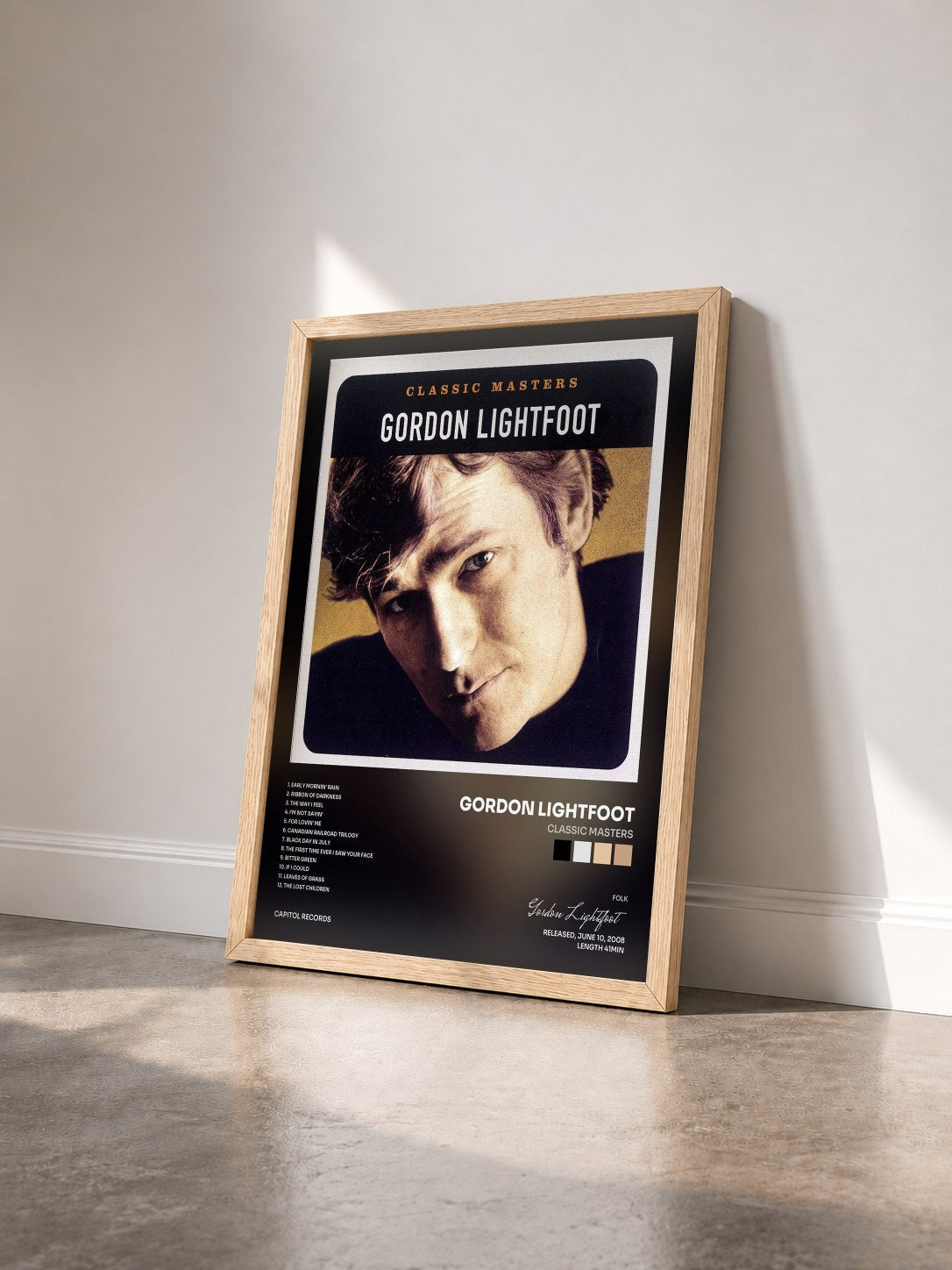#bois Tableau de l'album Classic Masters de Gordon Lightfoot vu de trois quarts, cadre en bois brut