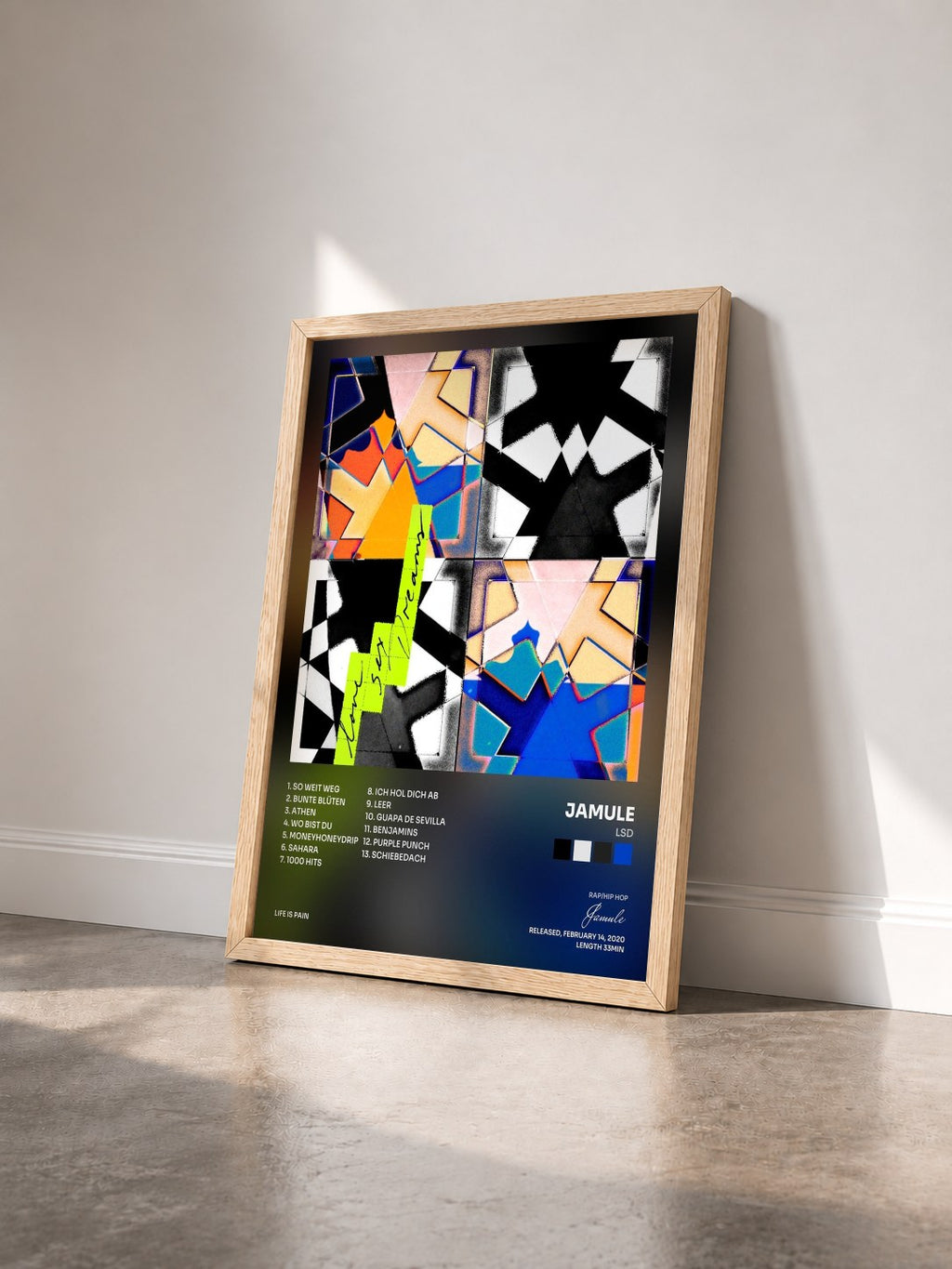 #bois Tableau de l'album LSD de Jamule vu de trois quarts, cadre en bois brut