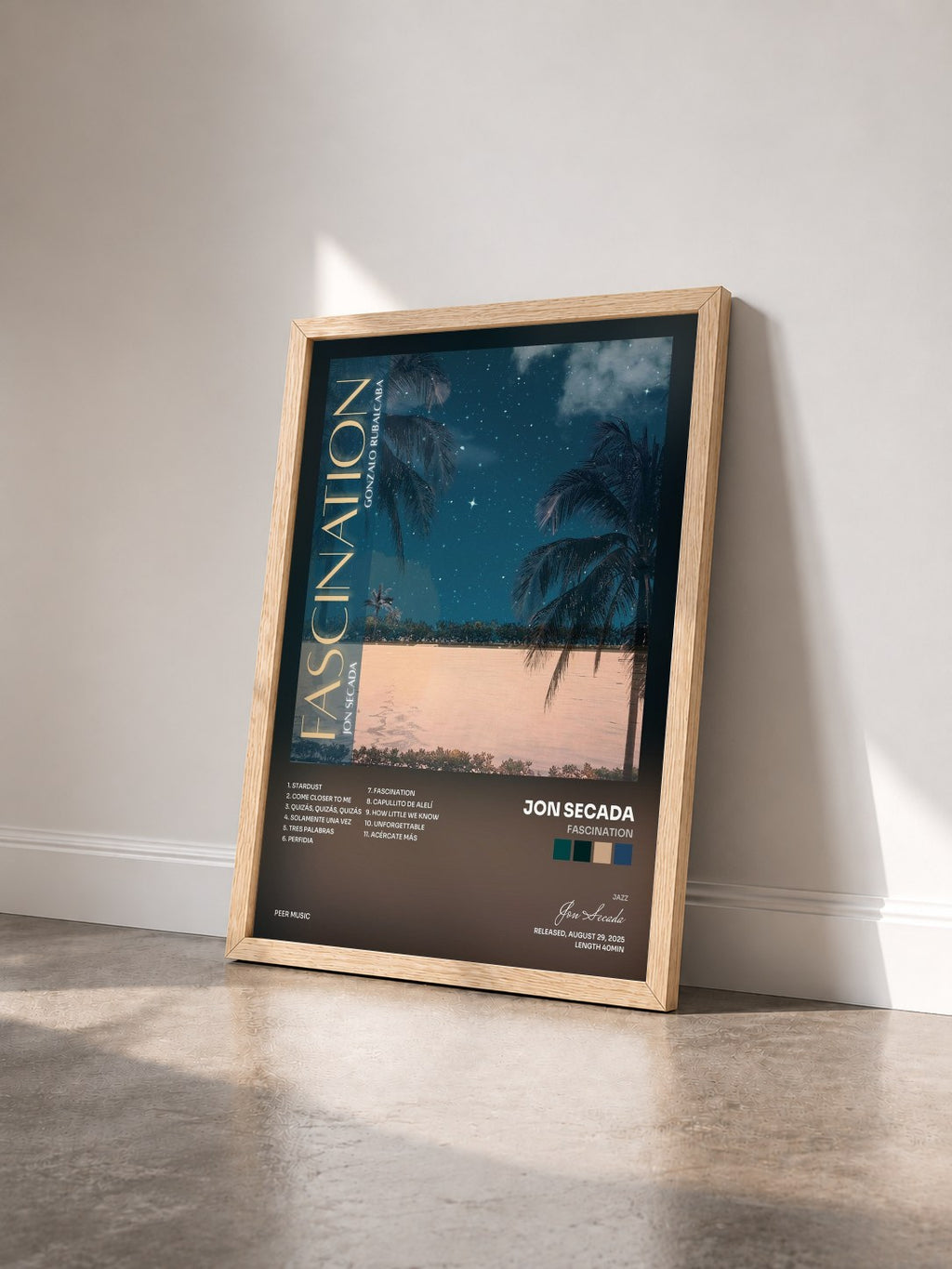 #bois Tableau de l'album Fascination de Jon Secada vu de trois quarts, cadre en bois brut