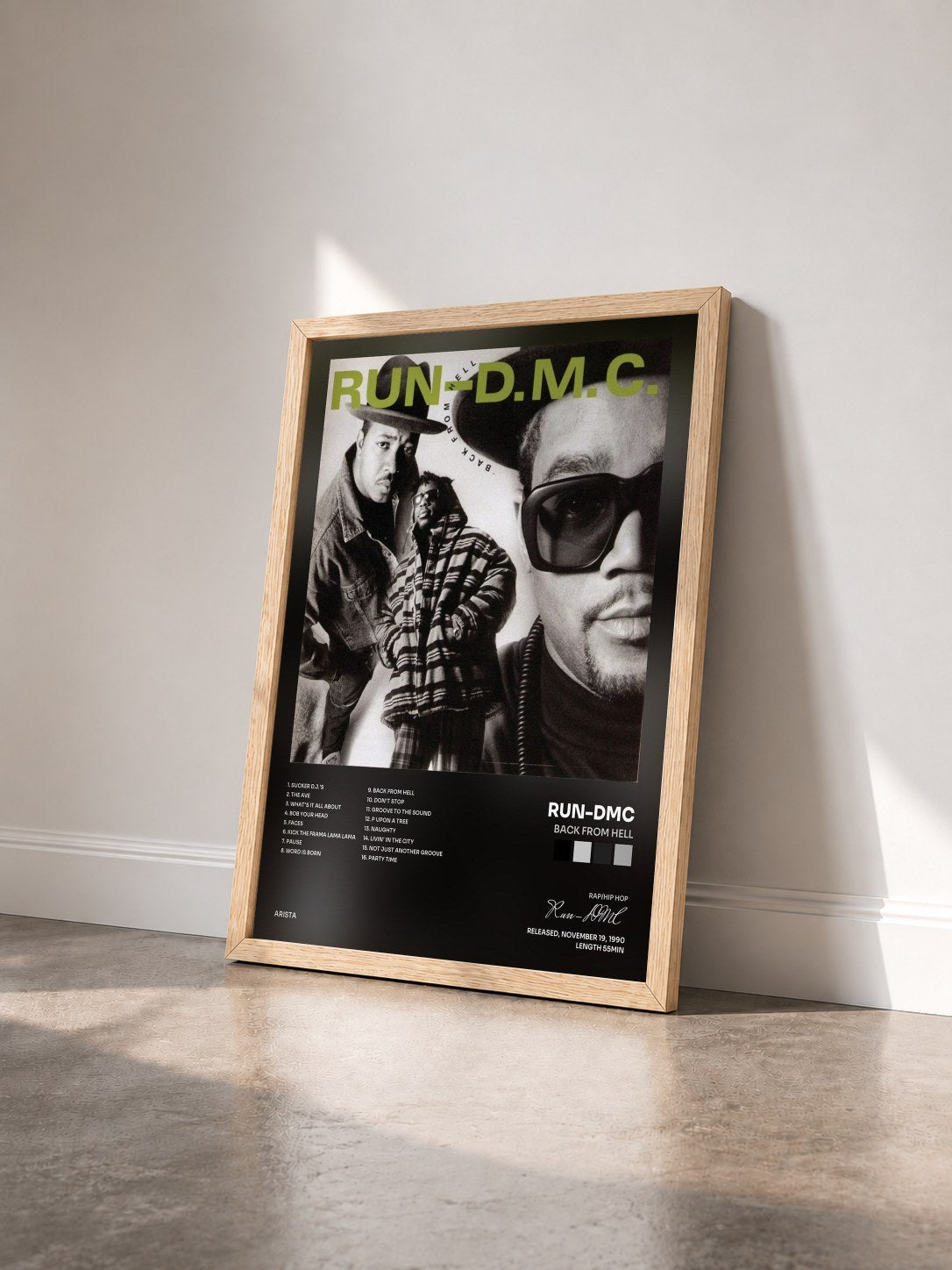 #bois Tableau de l'album Back From Hell de Run-DMC vu de trois quarts, cadre en bois brut