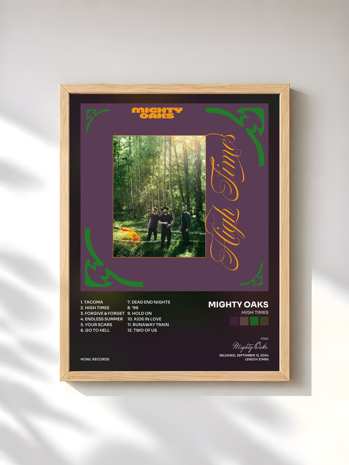 #bois Tableau de l'album High Times de Mighty Oaks, cadre en bois brut, imprimé et encadré en France