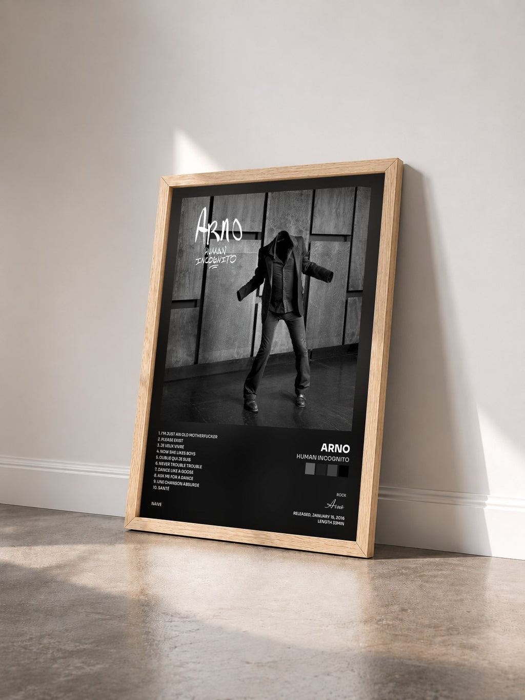 #bois Tableau de l'album Human incognito de Arno vu de trois quarts, cadre en bois brut