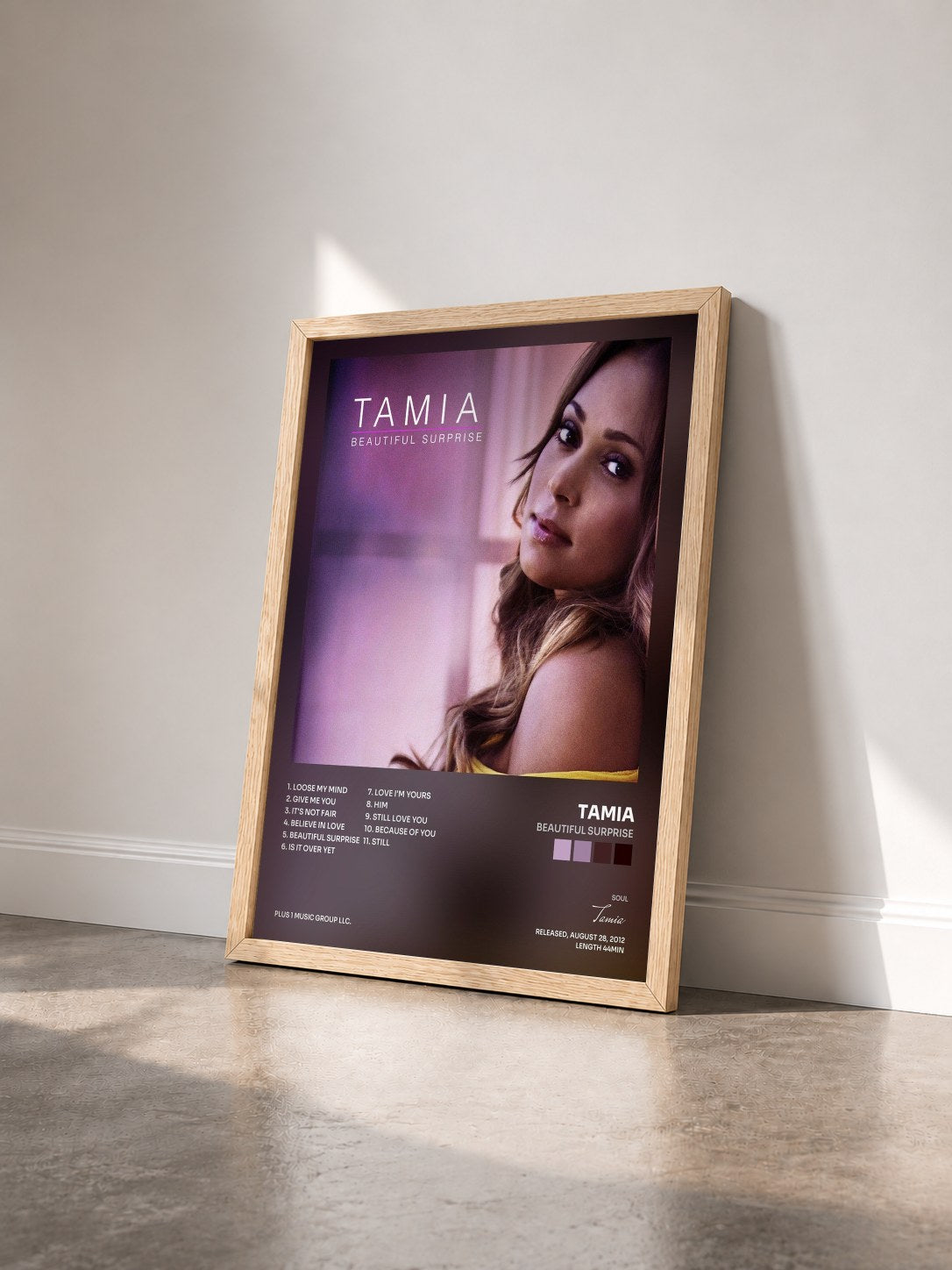 #bois Tableau de l'album Beautiful Surprise de Tamia vu de trois quarts, cadre en bois brut