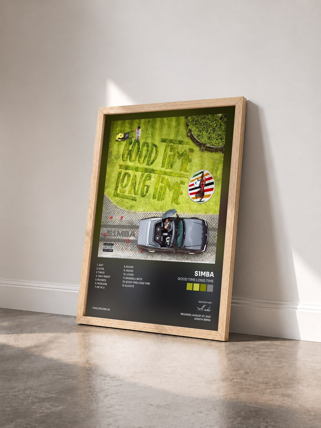 #bois Tableau de l'album Good Time Long Time de S1mba vu de trois quarts, cadre en bois brut