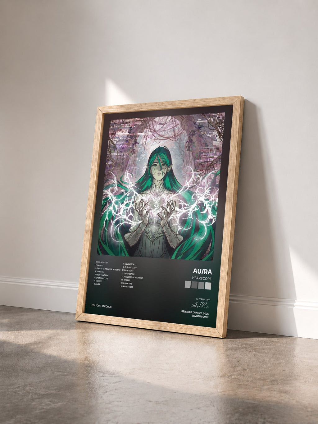 #bois Tableau de l'album heartcore de Au/Ra vu de trois quarts, cadre en bois brut