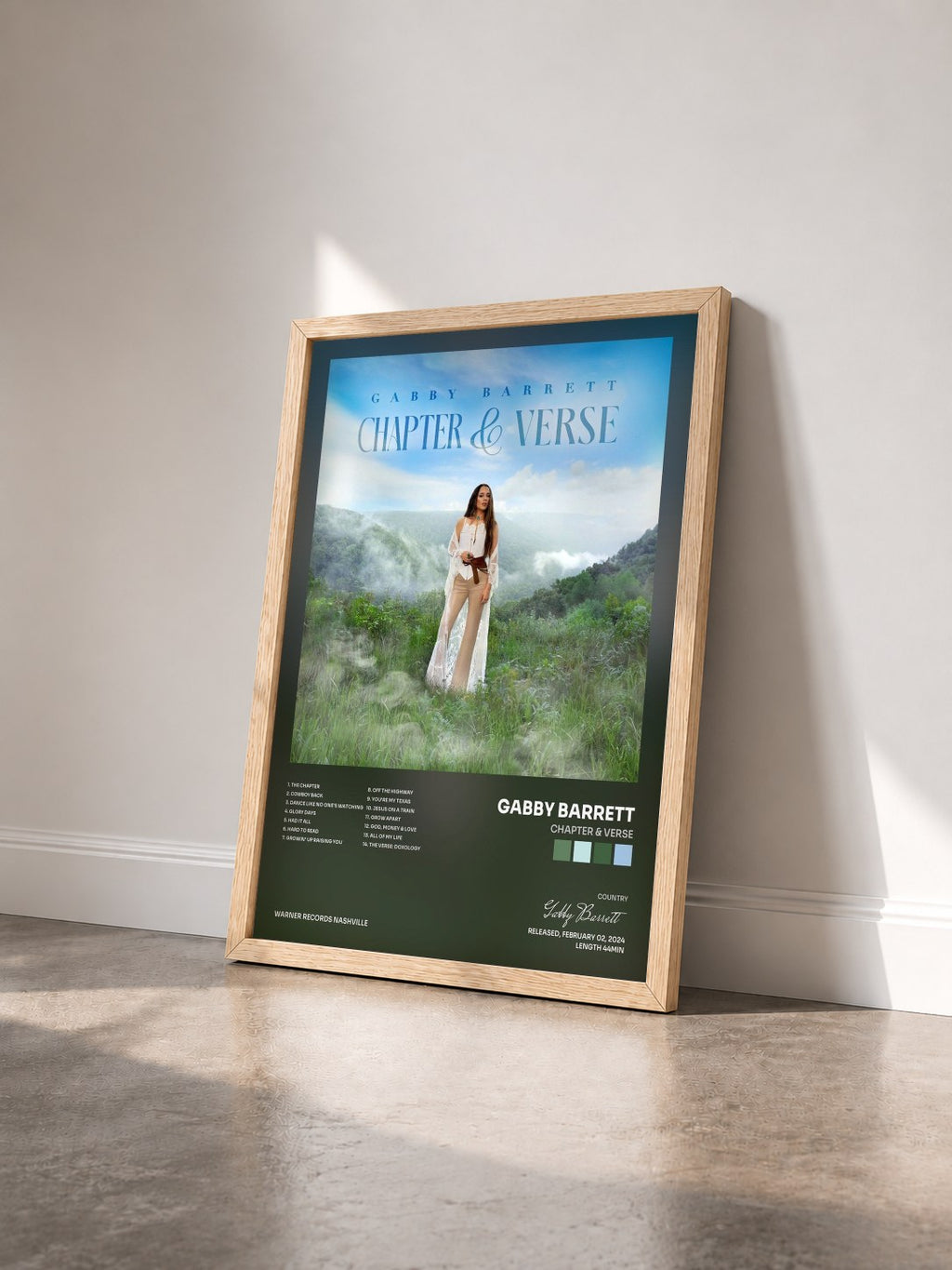 #bois Tableau de l'album Chapter & Verse de Gabby Barrett vu de trois quarts, cadre en bois brut