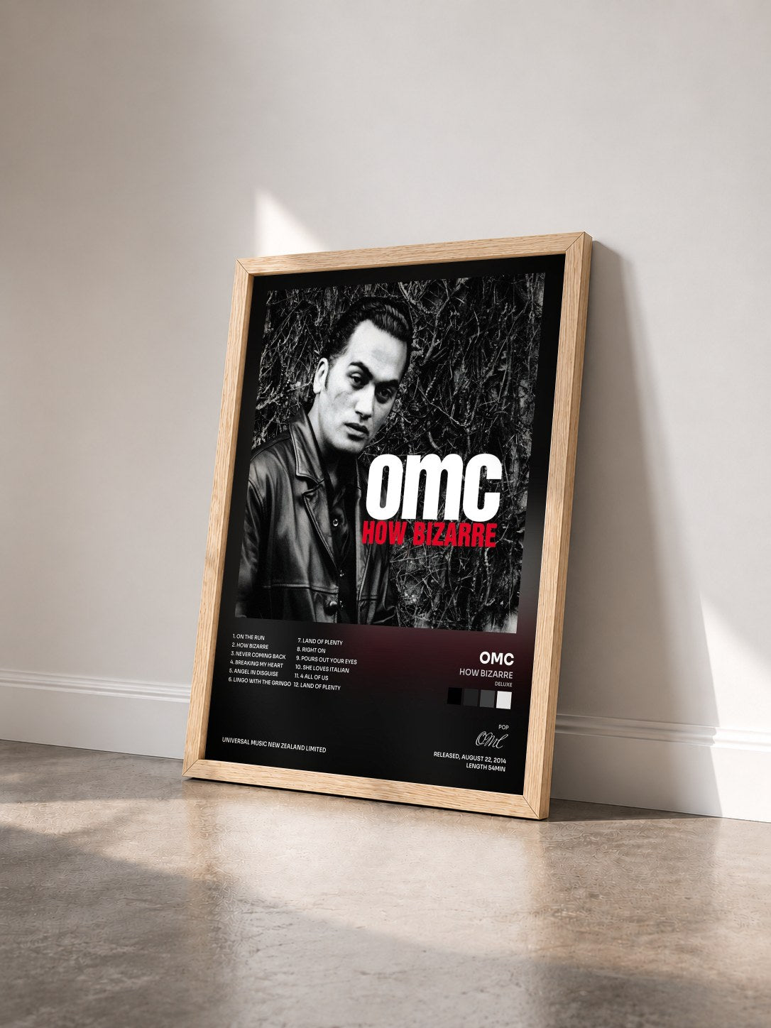 #bois Tableau de l'album How Bizarre (Deluxe) de OMC vu de trois quarts, cadre en bois brut