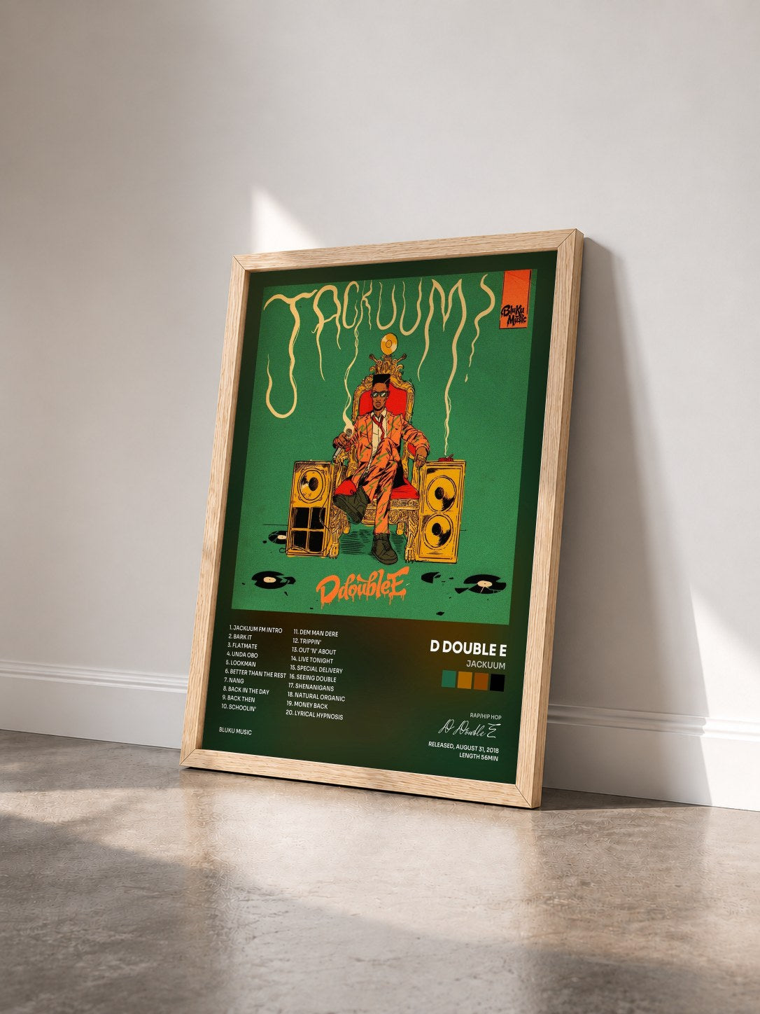 #bois Tableau de l'album Jackuum de D Double E vu de trois quarts, cadre en bois brut