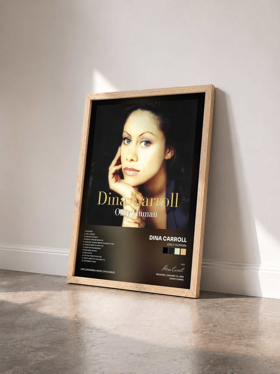 #bois Tableau de l'album Only Human de Dina Carroll vu de trois quarts, cadre en bois brut