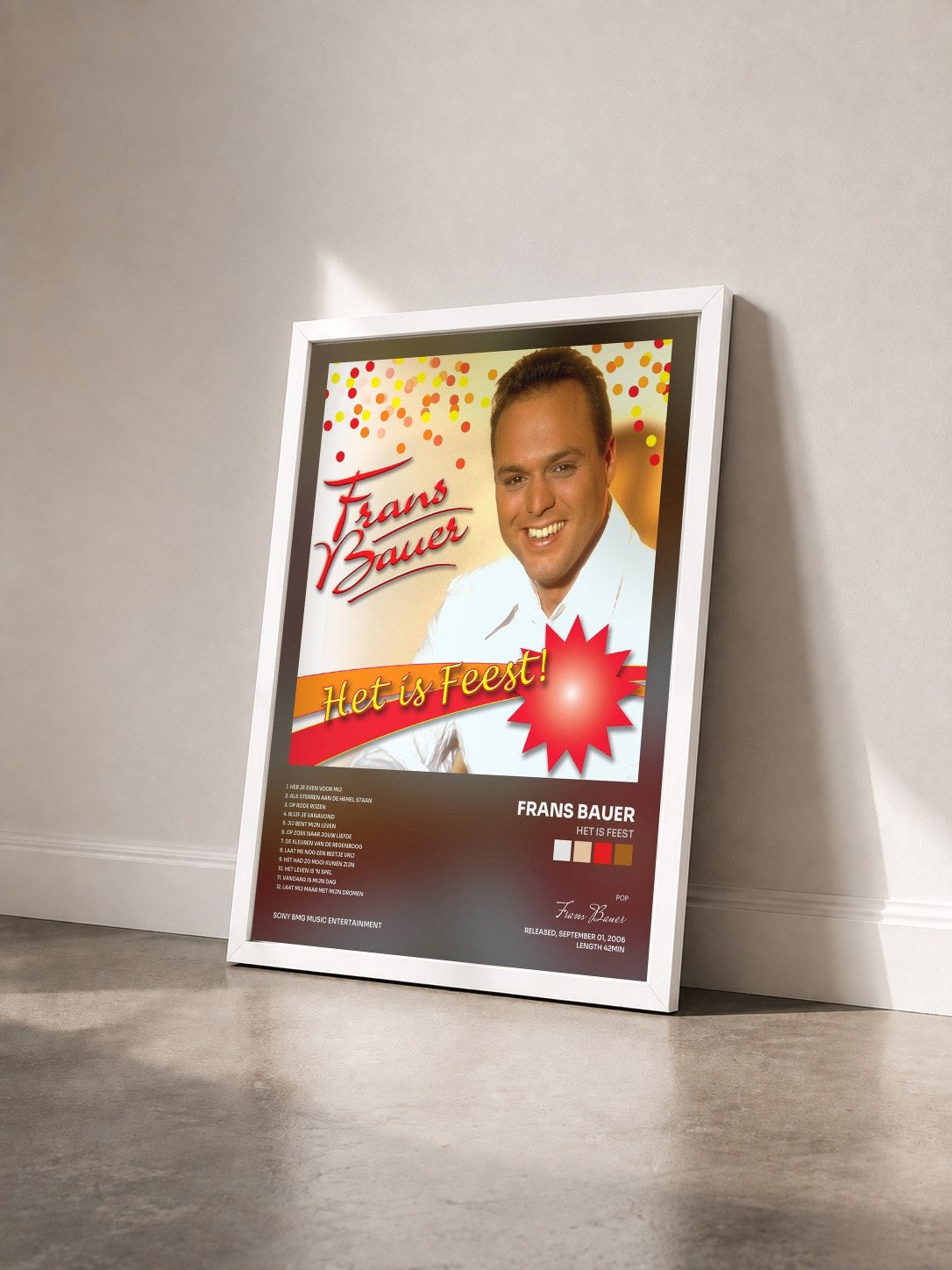 #blanc Tableau de l'album Het Is Feest de Frans Bauer vu de trois quarts, cadre blanc
