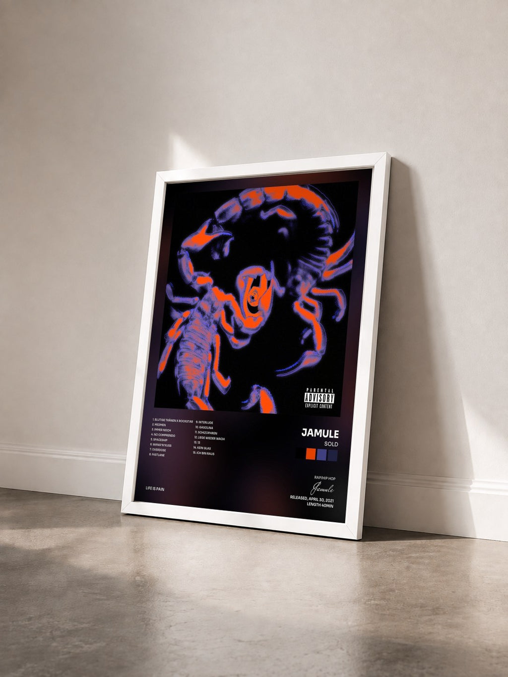 #blanc Tableau de l'album SOLD de Jamule vu de trois quarts, cadre blanc