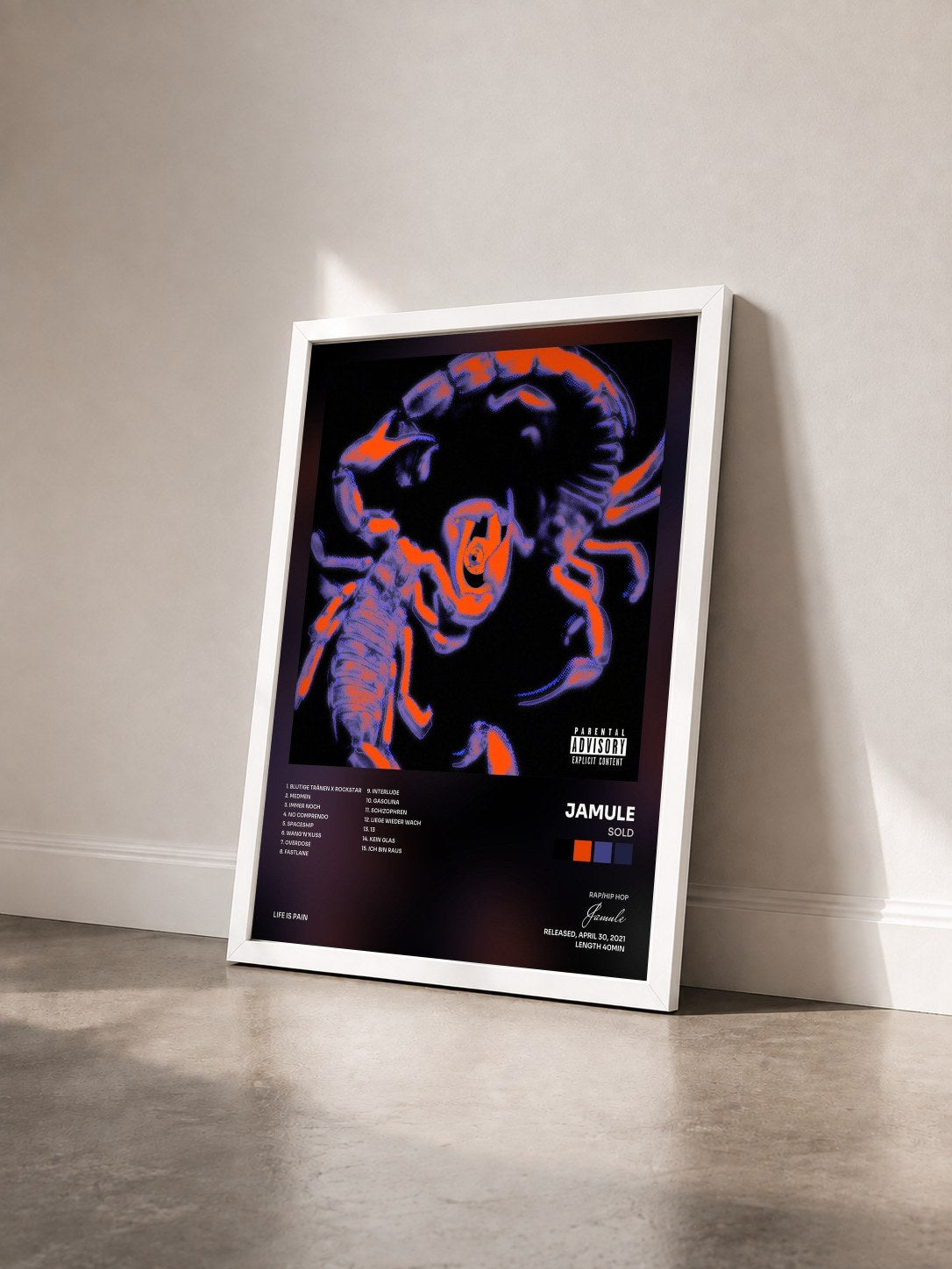 #blanc Tableau de l'album SOLD de Jamule vu de trois quarts, cadre blanc