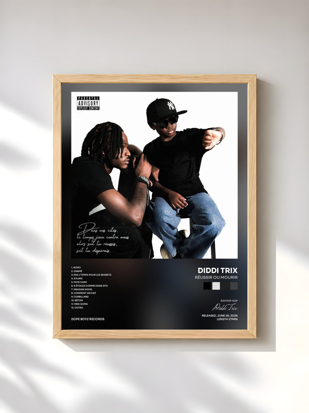 #bois Tableau de l'album Réussir ou Mourir de Diddi Trix, cadre en bois brut, imprimé et encadré en France