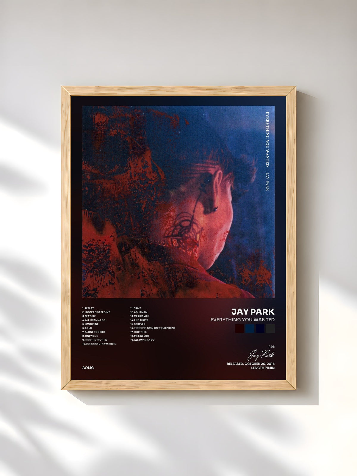 #bois Tableau de l'album EVERYTHING YOU WANTED de Jay Park, cadre en bois brut, imprimé et encadré en France