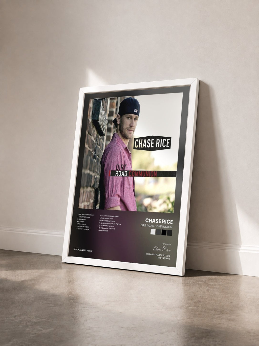 #blanc Tableau de l'album Dirt Road Communion de Chase Rice vu de trois quarts, cadre blanc