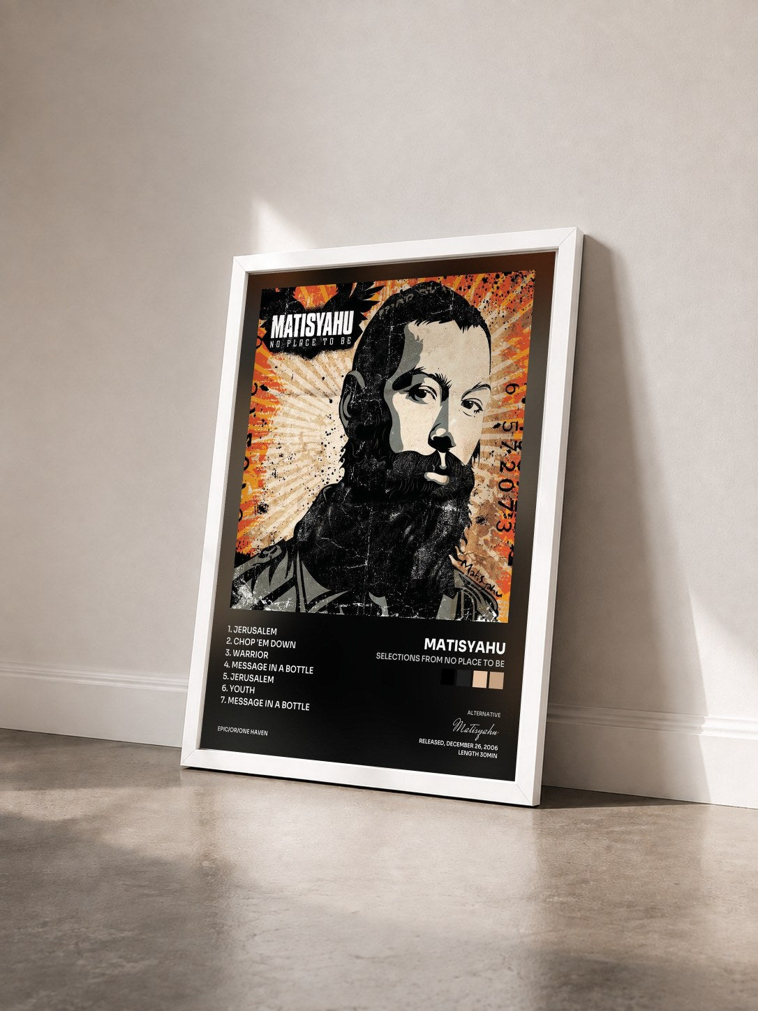 #blanc Tableau de l'album Selections from No Place To Be de Matisyahu vu de trois quarts, cadre blanc