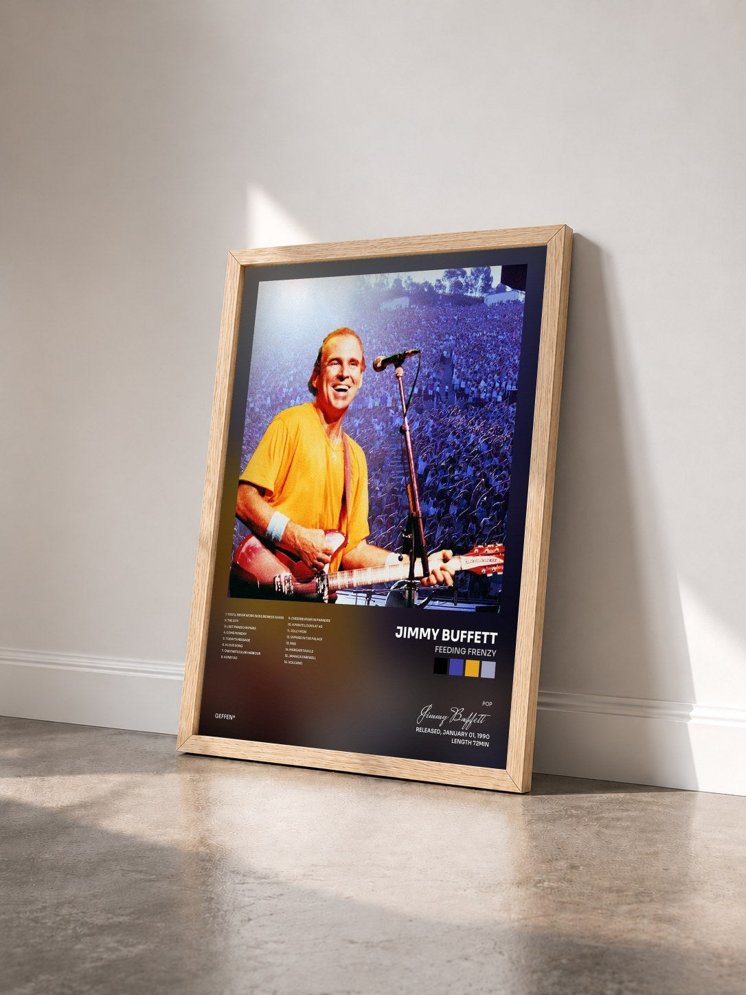 #bois Tableau de l'album Feeding Frenzy de Jimmy Buffett vu de trois quarts, cadre en bois brut