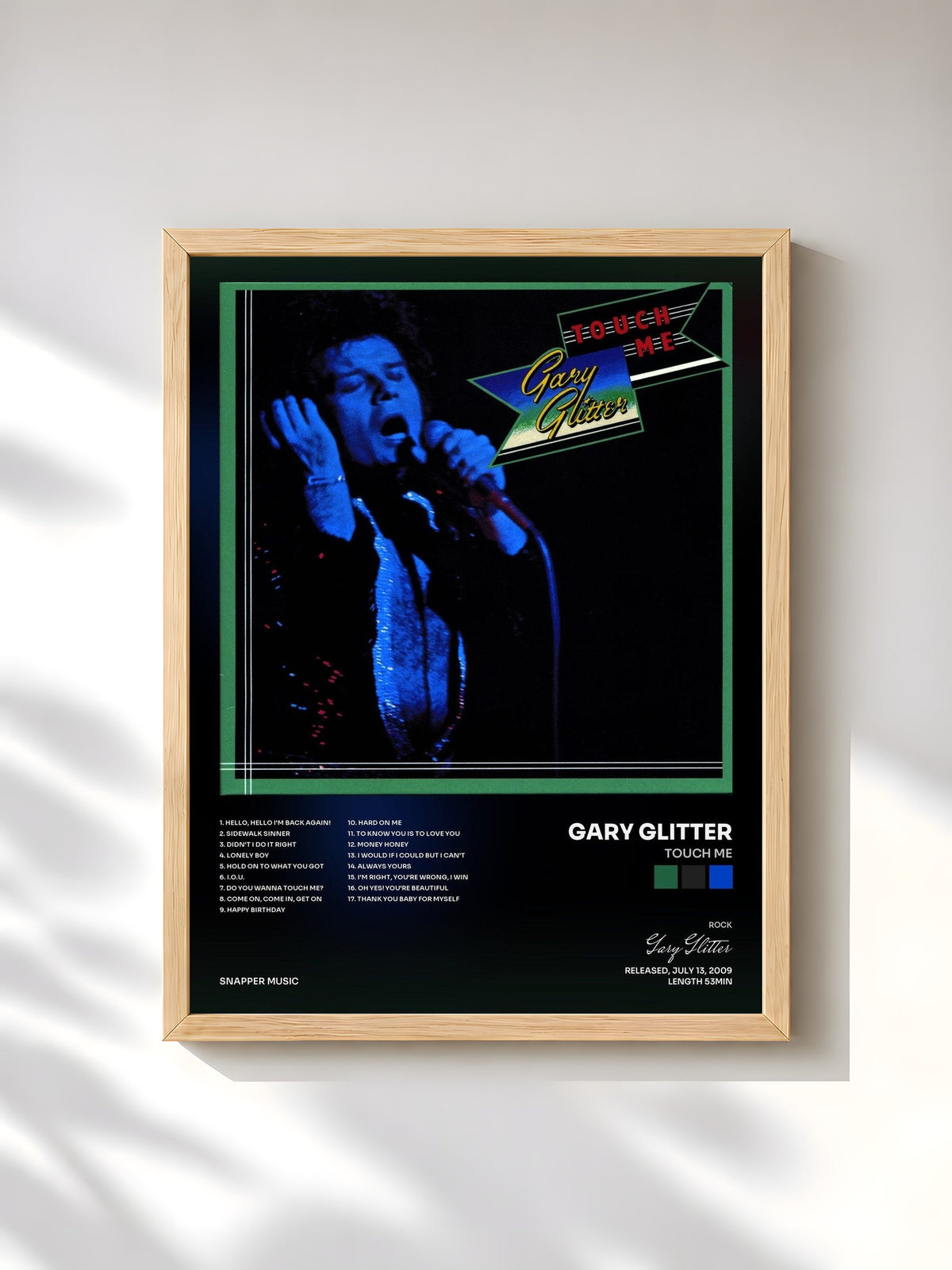 #bois Tableau de l'album Touch Me de Gary Glitter, cadre en bois brut, imprimé et encadré en France