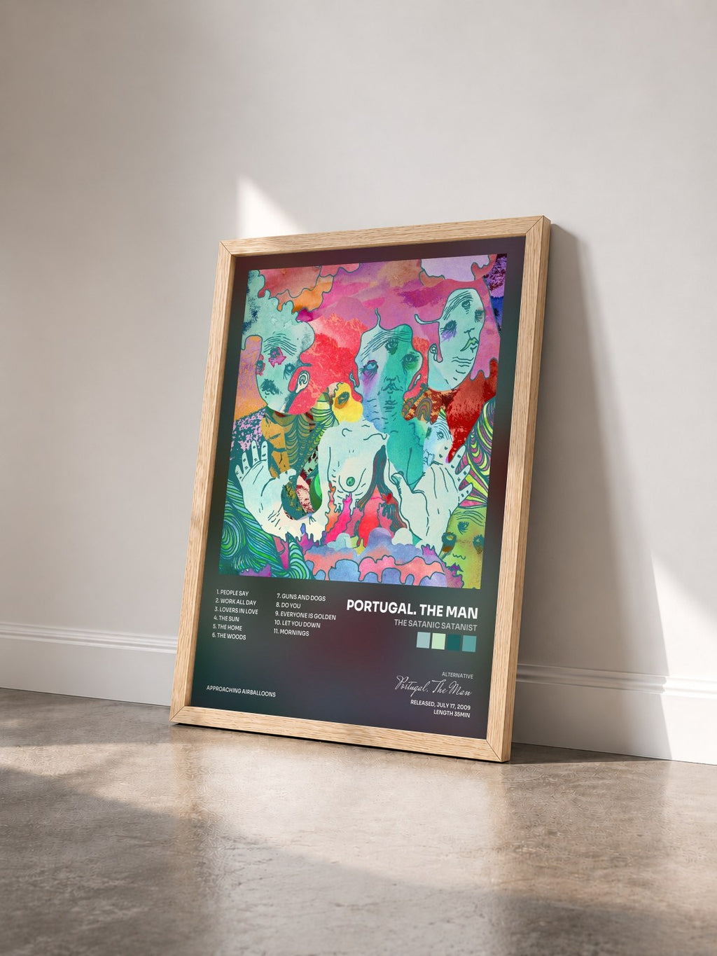#bois Tableau de l'album The Satanic Satanist de Portugal. The Man vu de trois quarts, cadre en bois brut