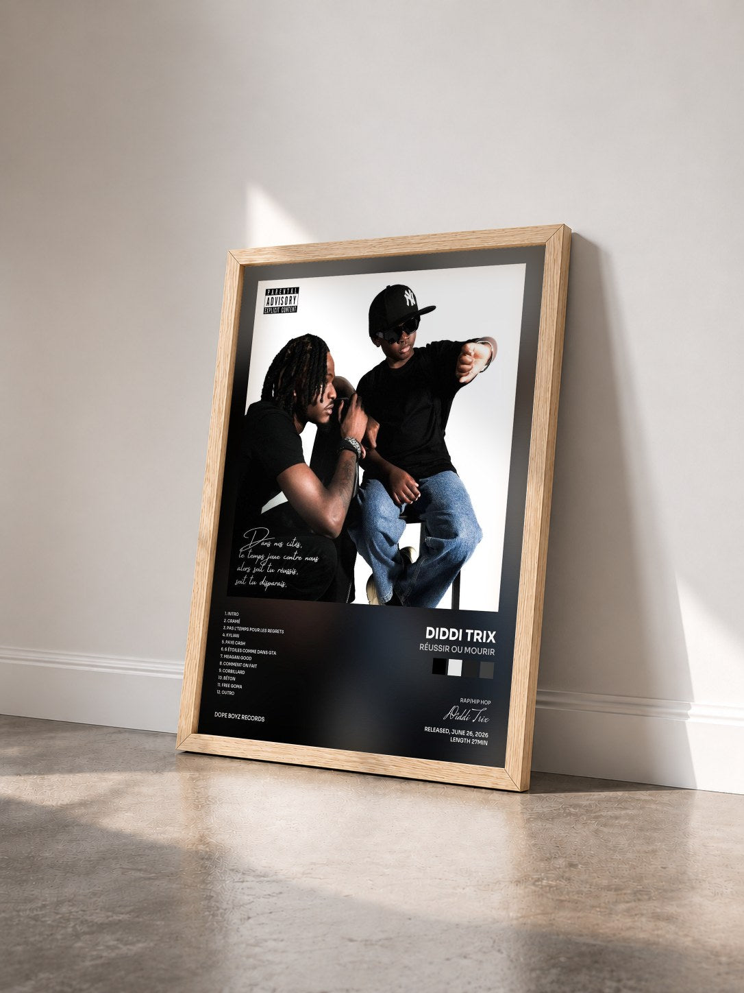 #bois Tableau de l'album Réussir ou Mourir de Diddi Trix vu de trois quarts, cadre en bois brut