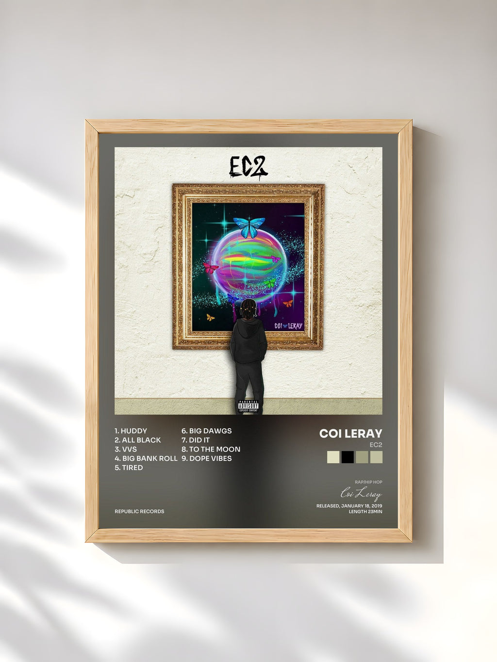 #bois Tableau de l'album EC2 de Coi Leray, cadre en bois brut, imprimé et encadré en France