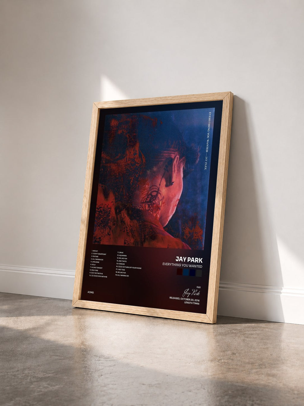 #bois Tableau de l'album EVERYTHING YOU WANTED de Jay Park vu de trois quarts, cadre en bois brut
