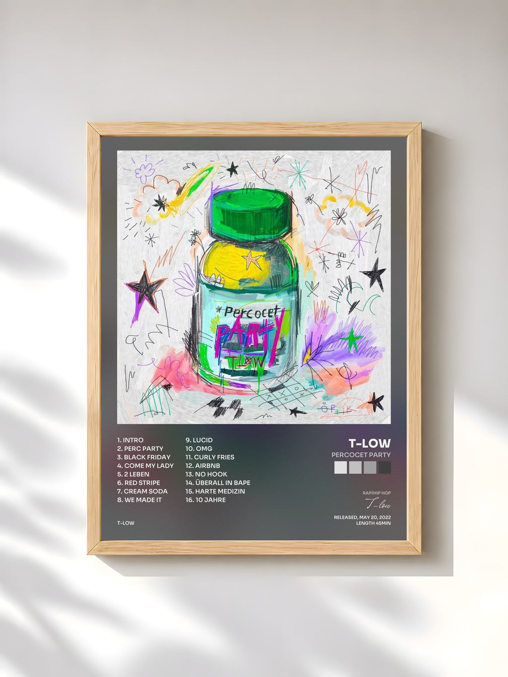 #bois Tableau de l'album Percocet Party de T-low, cadre en bois brut, imprimé et encadré en France