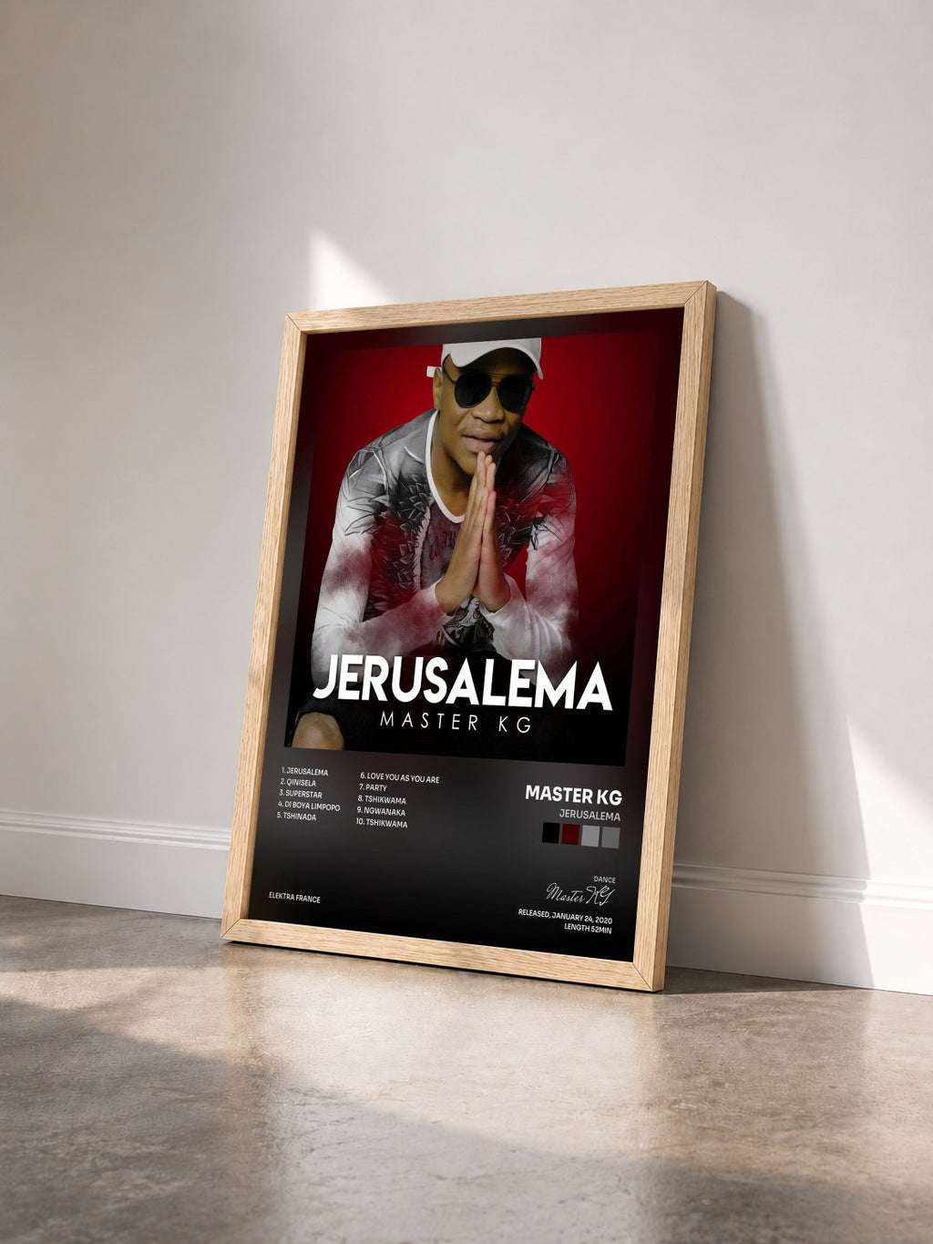 #bois Tableau de l'album Jerusalema de Master KG vu de trois quarts, cadre en bois brut