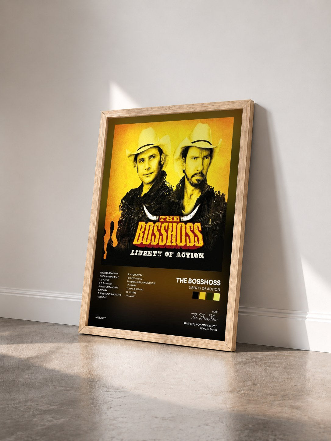 #bois Tableau de l'album Liberty Of Action de The BossHoss vu de trois quarts, cadre en bois brut