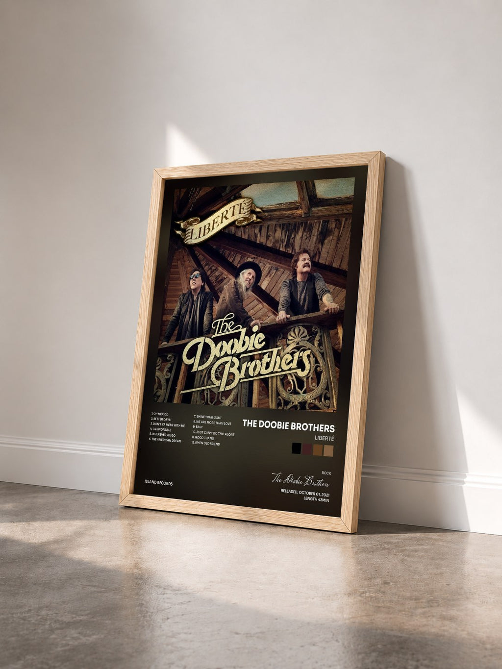 #bois Tableau de l'album Liberté de The Doobie Brothers vu de trois quarts, cadre en bois brut