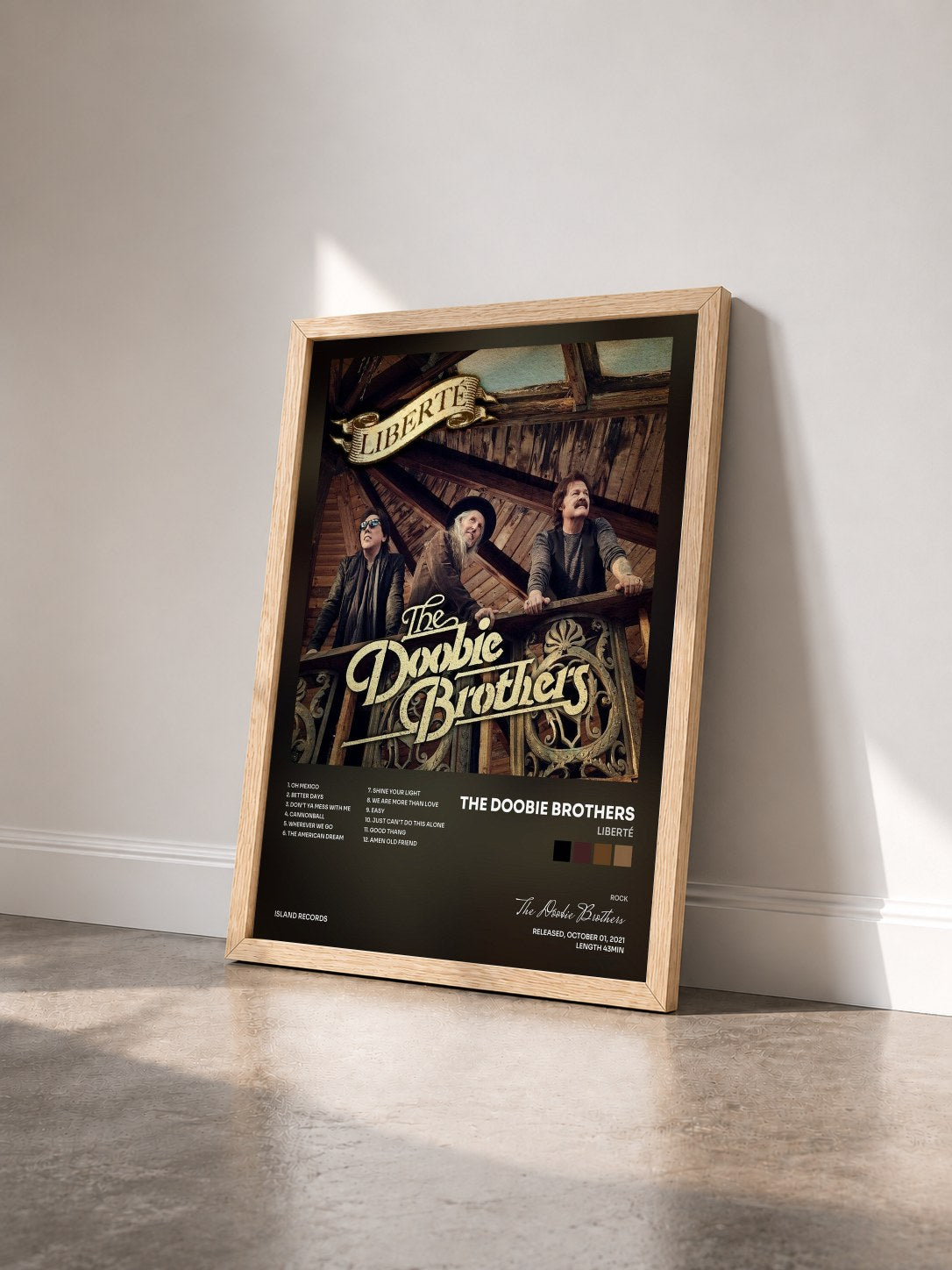 #bois Tableau de l'album Liberté de The Doobie Brothers vu de trois quarts, cadre en bois brut