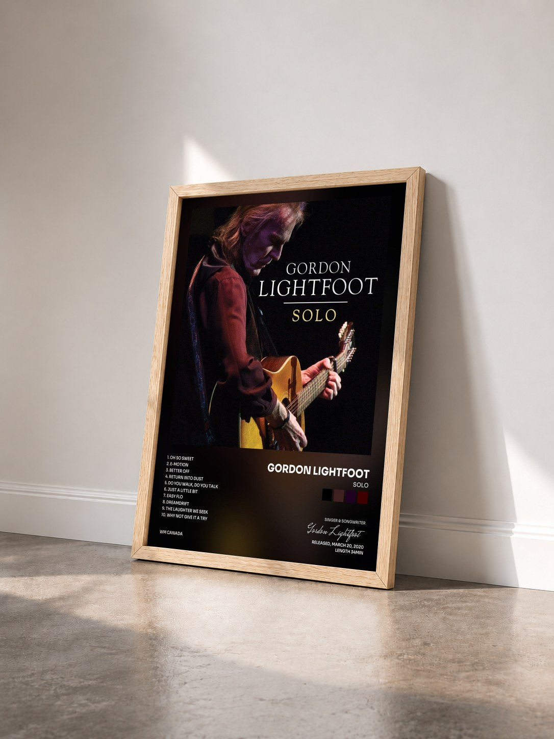 #bois Tableau de l'album Solo de Gordon Lightfoot vu de trois quarts, cadre en bois brut
