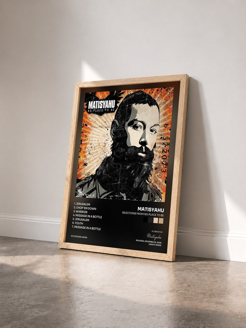 #bois Tableau de l'album Selections from No Place To Be de Matisyahu vu de trois quarts, cadre en bois brut