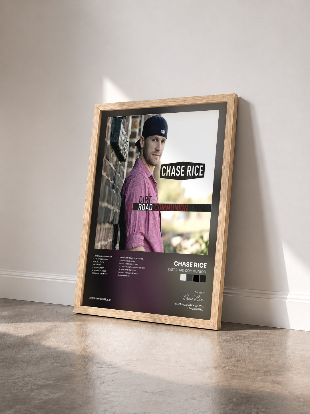 #bois Tableau de l'album Dirt Road Communion de Chase Rice vu de trois quarts, cadre en bois brut