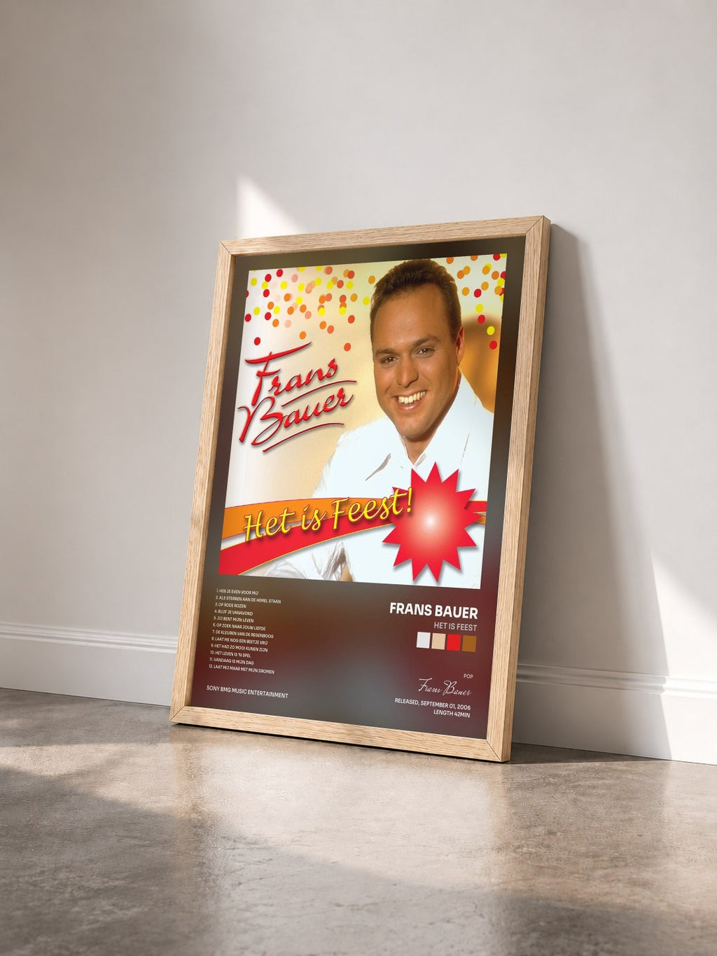 #bois Tableau de l'album Het Is Feest de Frans Bauer vu de trois quarts, cadre en bois brut