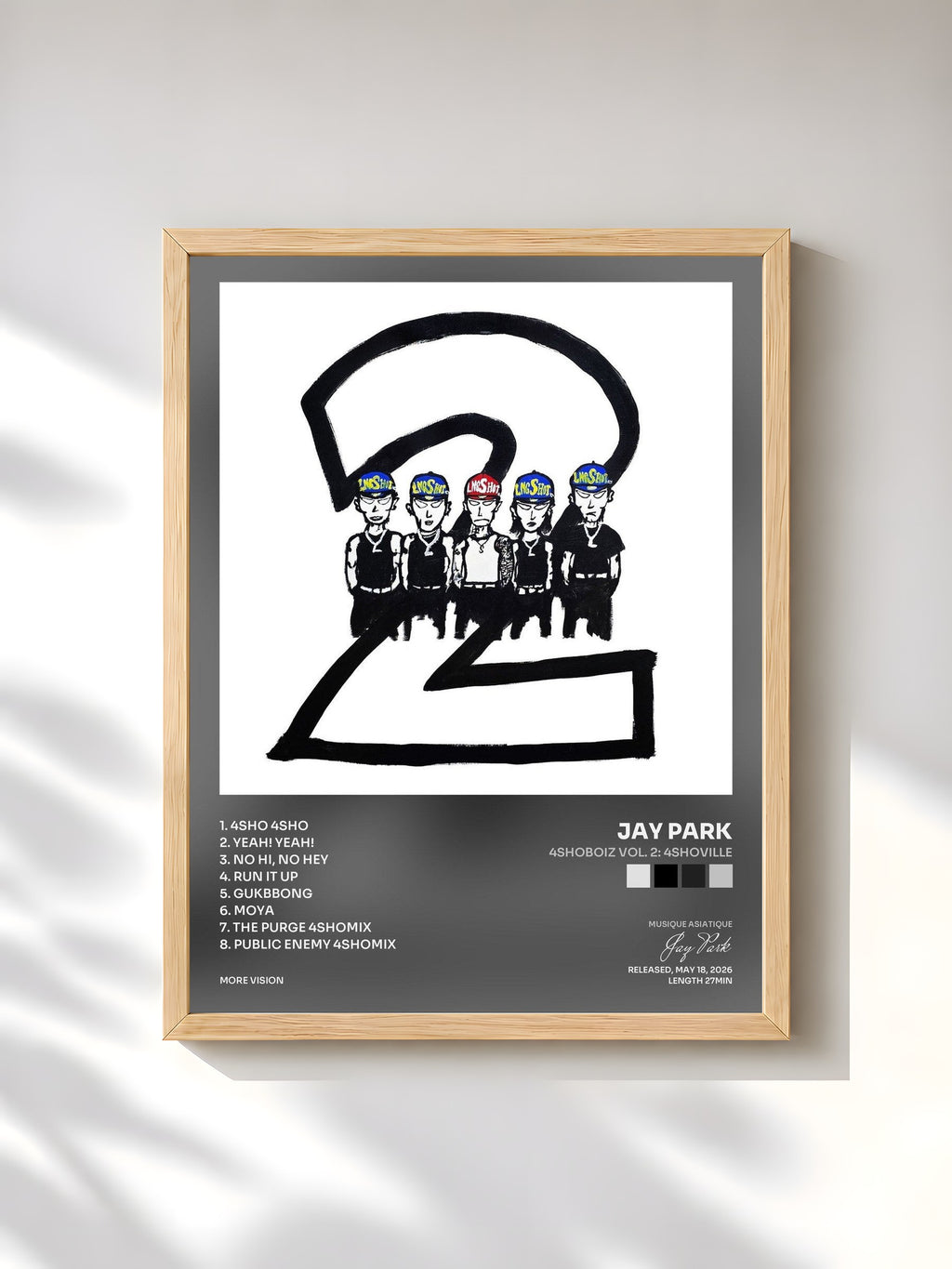 #bois Tableau de l'album 4SHOBOIZ Vol. 2: 4SHOVILLE de Jay Park, cadre en bois brut, imprimé et encadré en France