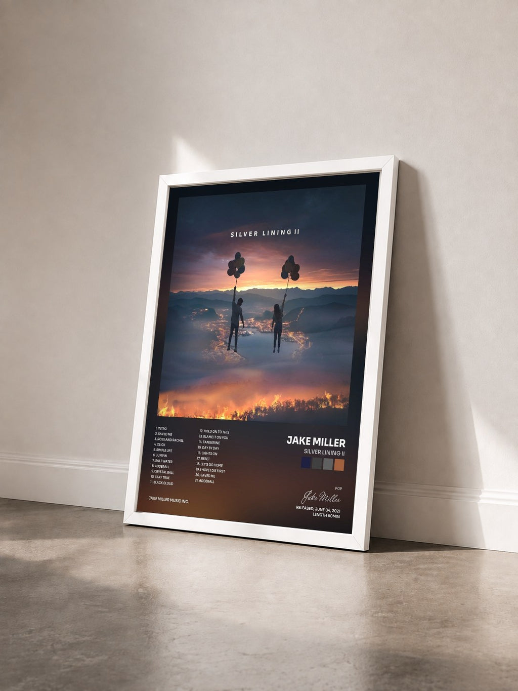 #blanc Tableau de l'album Silver Lining II de Jake Miller vu de trois quarts, cadre blanc