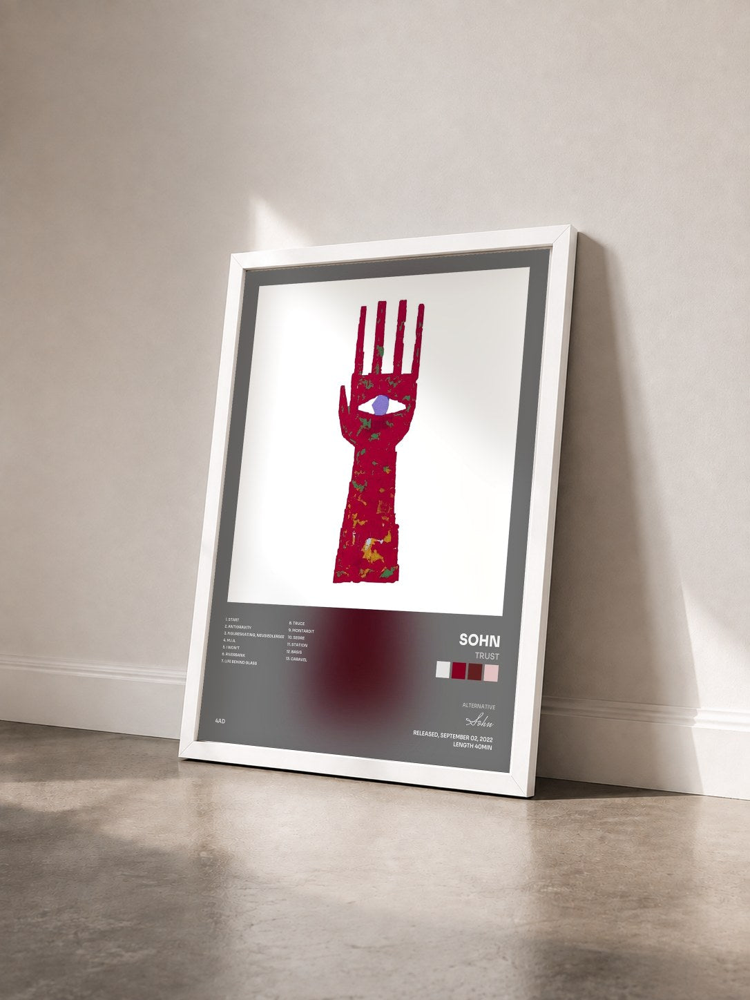 #blanc Tableau de l'album Trust de Sohn vu de trois quarts, cadre blanc