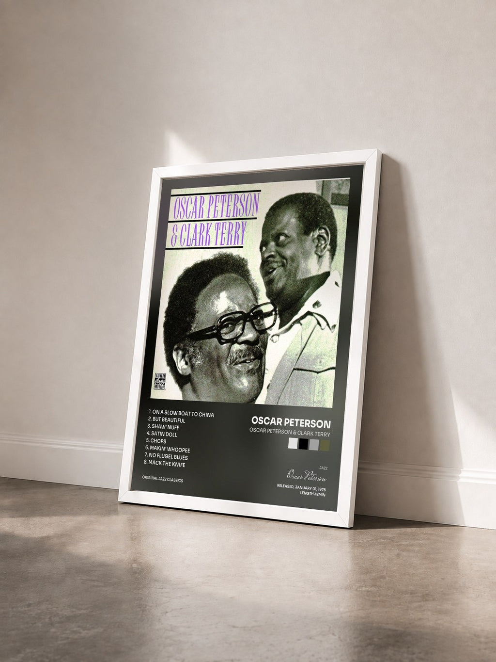 #blanc Tableau de l'album Oscar Peterson & Clark Terry de Oscar Peterson vu de trois quarts, cadre blanc