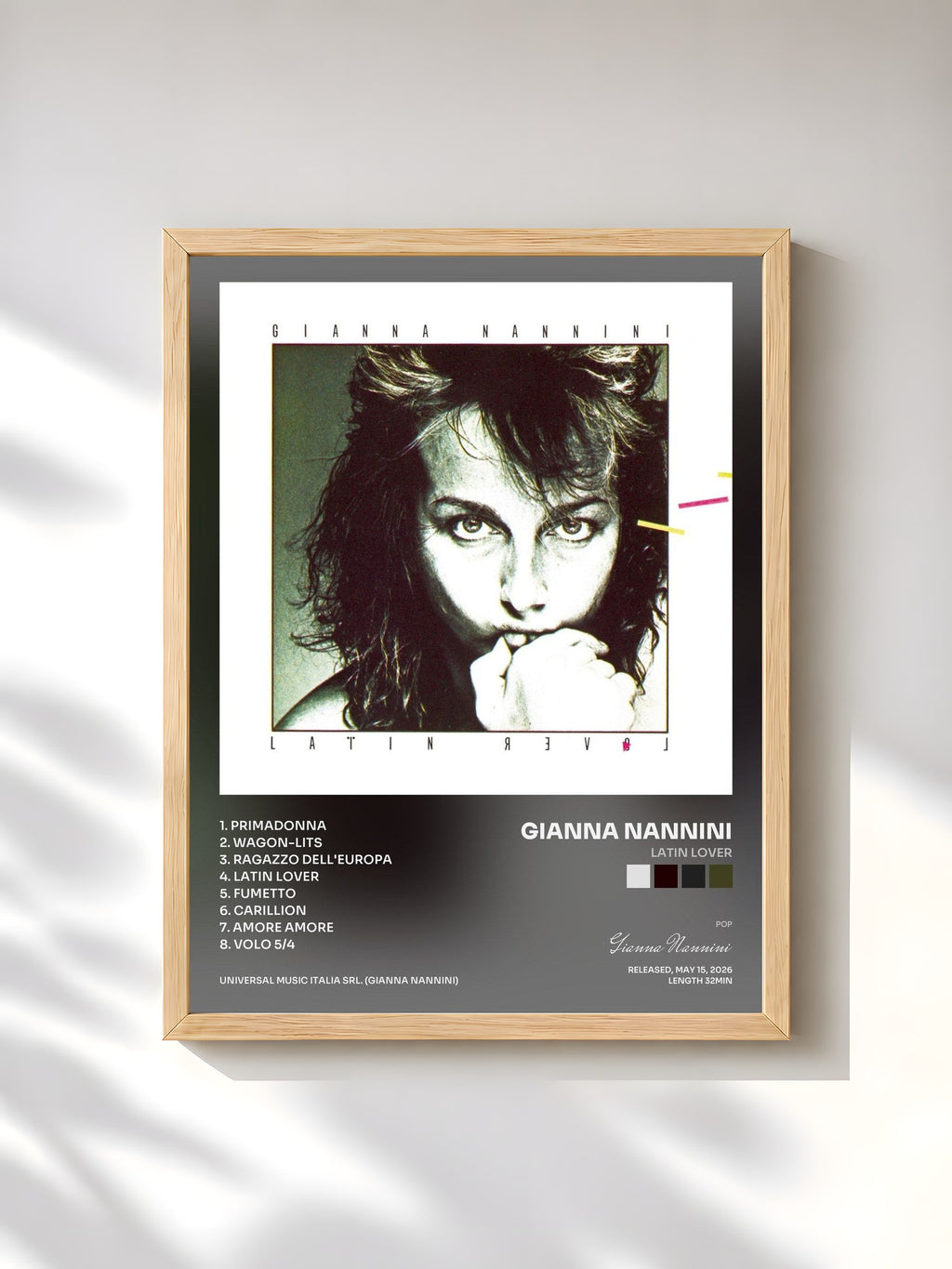 #bois Tableau de l'album Latin Lover de Gianna Nannini, cadre en bois brut, imprimé et encadré en France