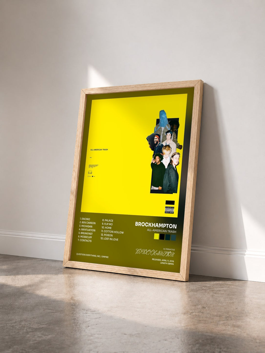 #bois Tableau de l'album ALL-AMERICAN TRASH de BROCKHAMPTON vu de trois quarts, cadre en bois brut
