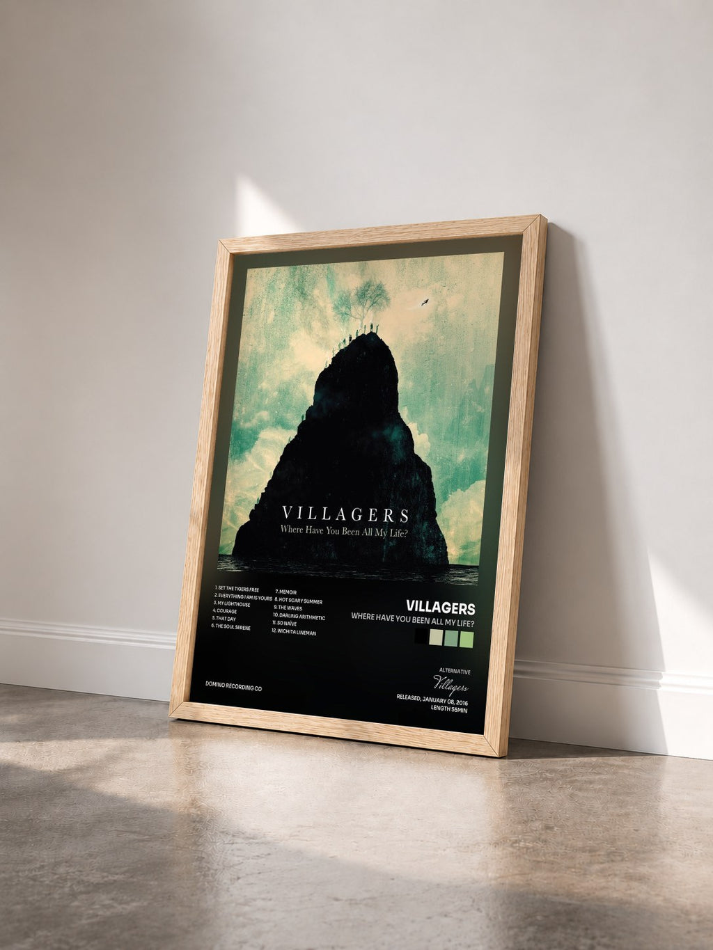 #bois Tableau de l'album Where Have You Been All My Life? de Villagers vu de trois quarts, cadre en bois brut