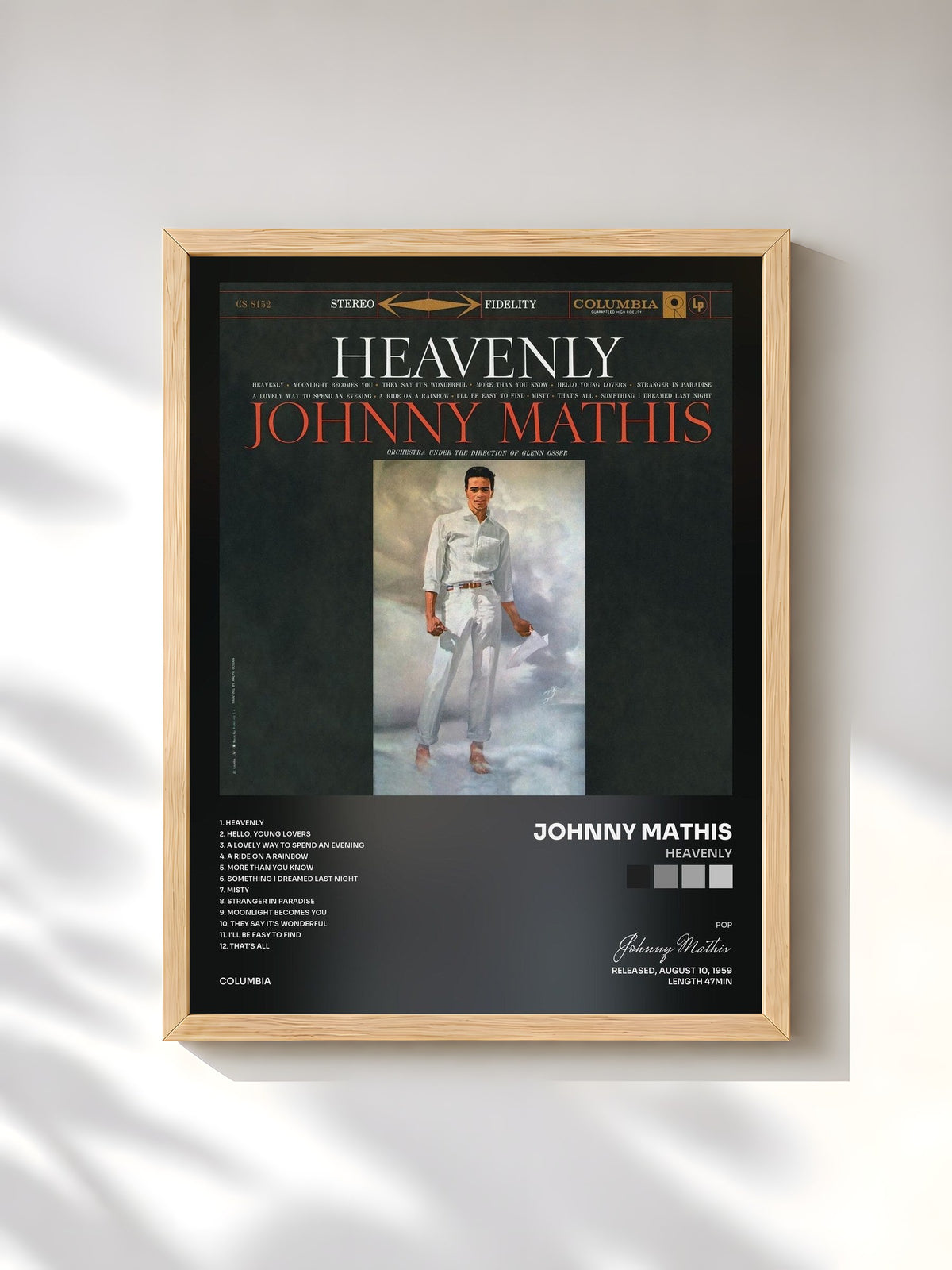 #bois Tableau de l'album Heavenly de Johnny Mathis, cadre en bois brut, imprimé et encadré en France