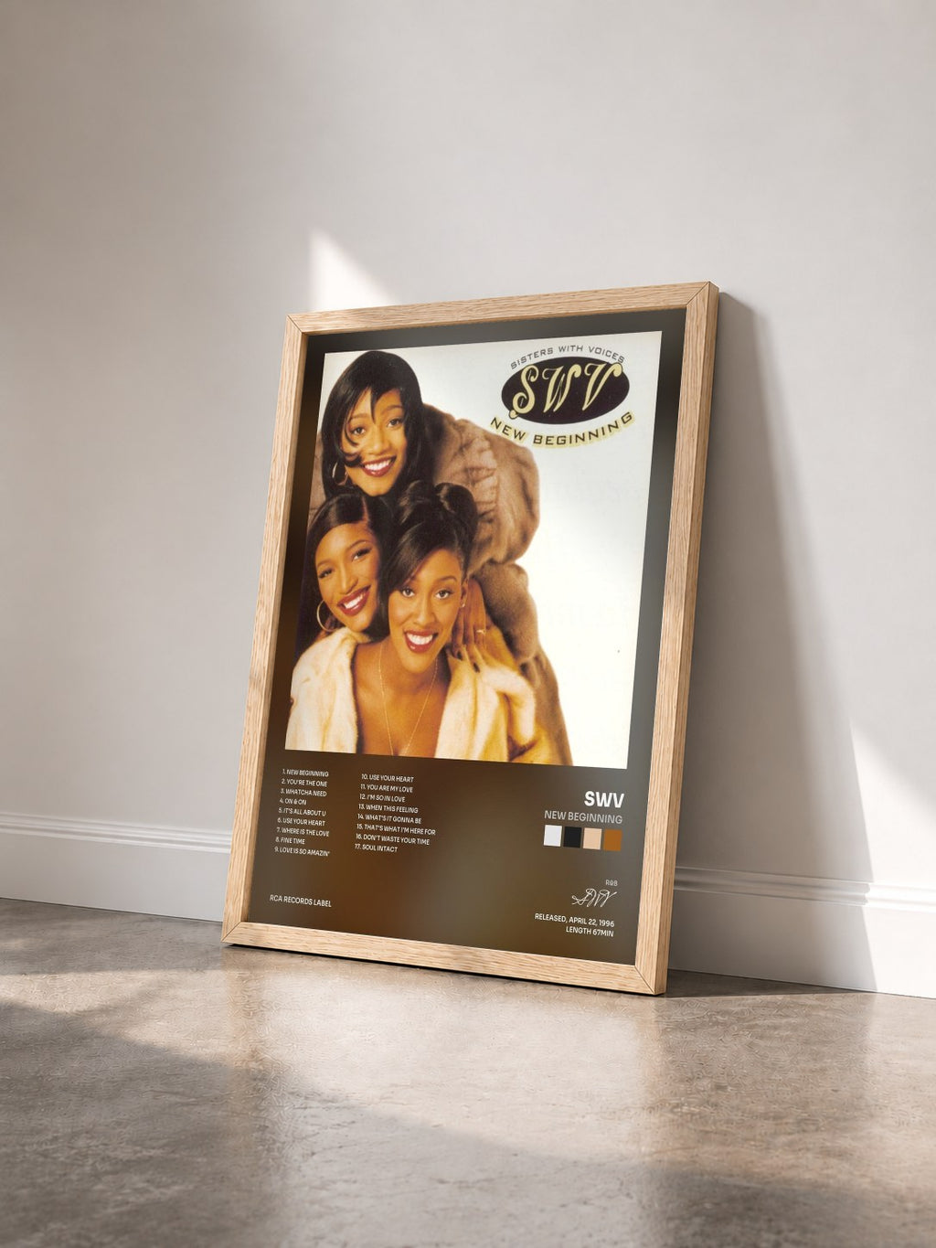 #bois Tableau de l'album New Beginning de SWV vu de trois quarts, cadre en bois brut