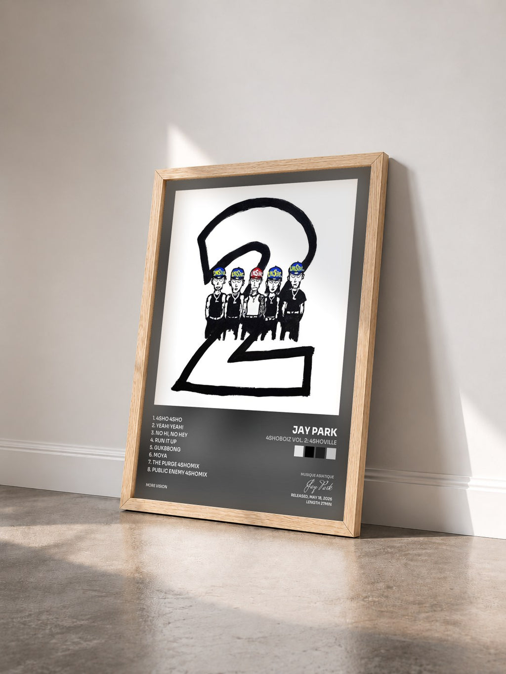 #bois Tableau de l'album 4SHOBOIZ Vol. 2: 4SHOVILLE de Jay Park vu de trois quarts, cadre en bois brut