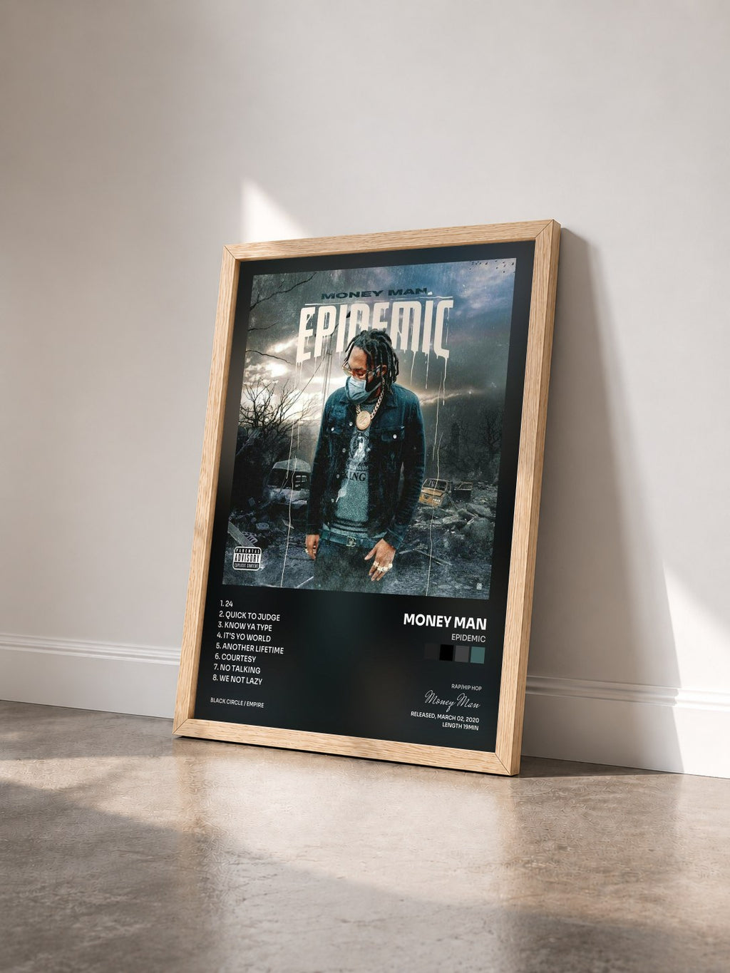 #bois Tableau de l'album Epidemic de Money Man vu de trois quarts, cadre en bois brut