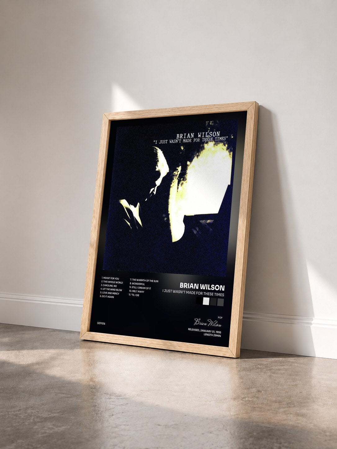 #bois Tableau de l'album I Just Wasn't Made For These Times de Brian Wilson vu de trois quarts, cadre en bois brut