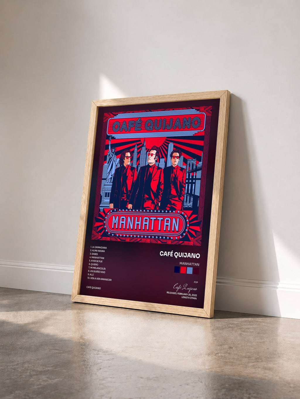#bois Tableau de l'album Manhattan de Café Quijano vu de trois quarts, cadre en bois brut
