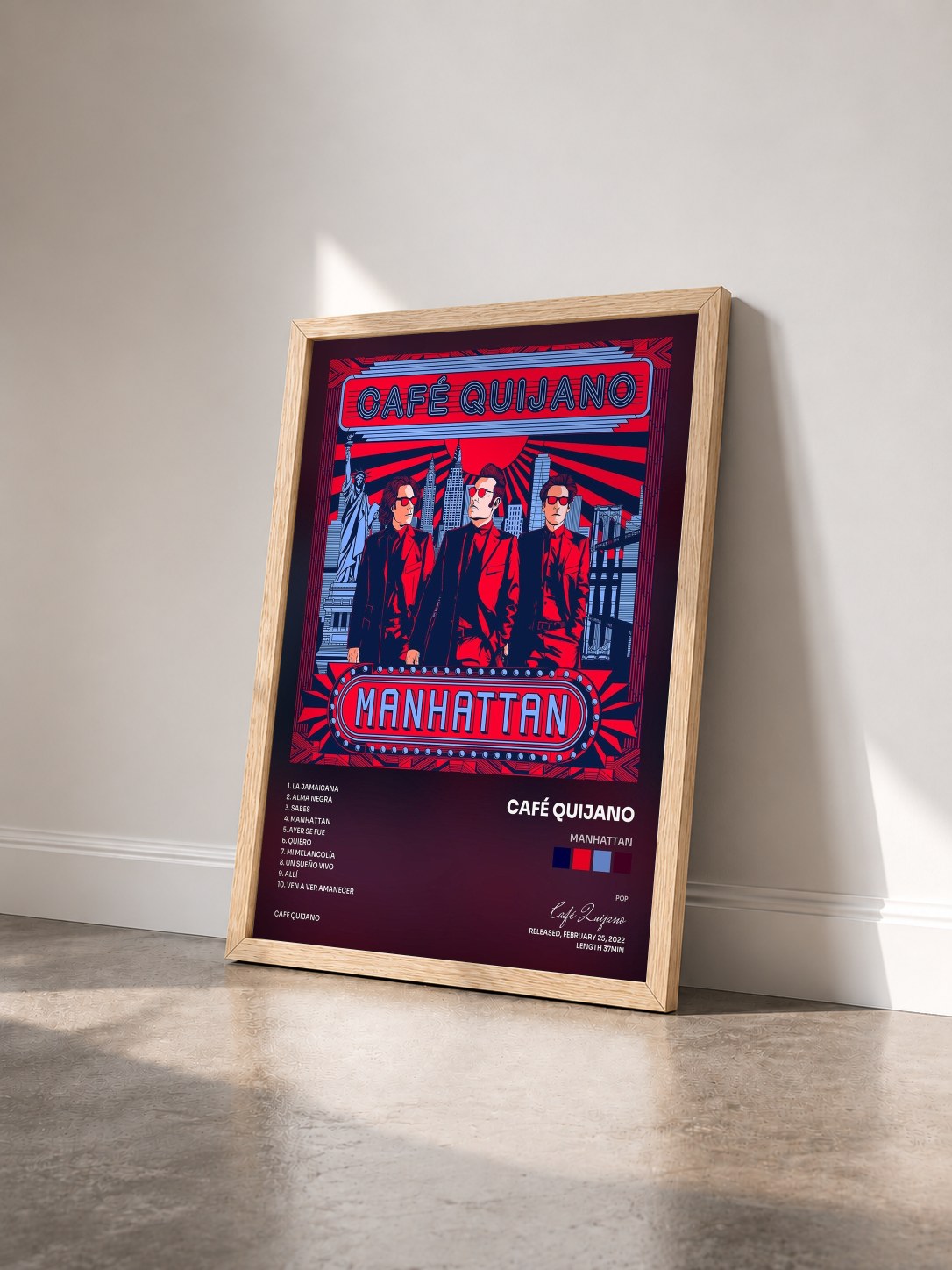#bois Tableau de l'album Manhattan de Café Quijano vu de trois quarts, cadre en bois brut
