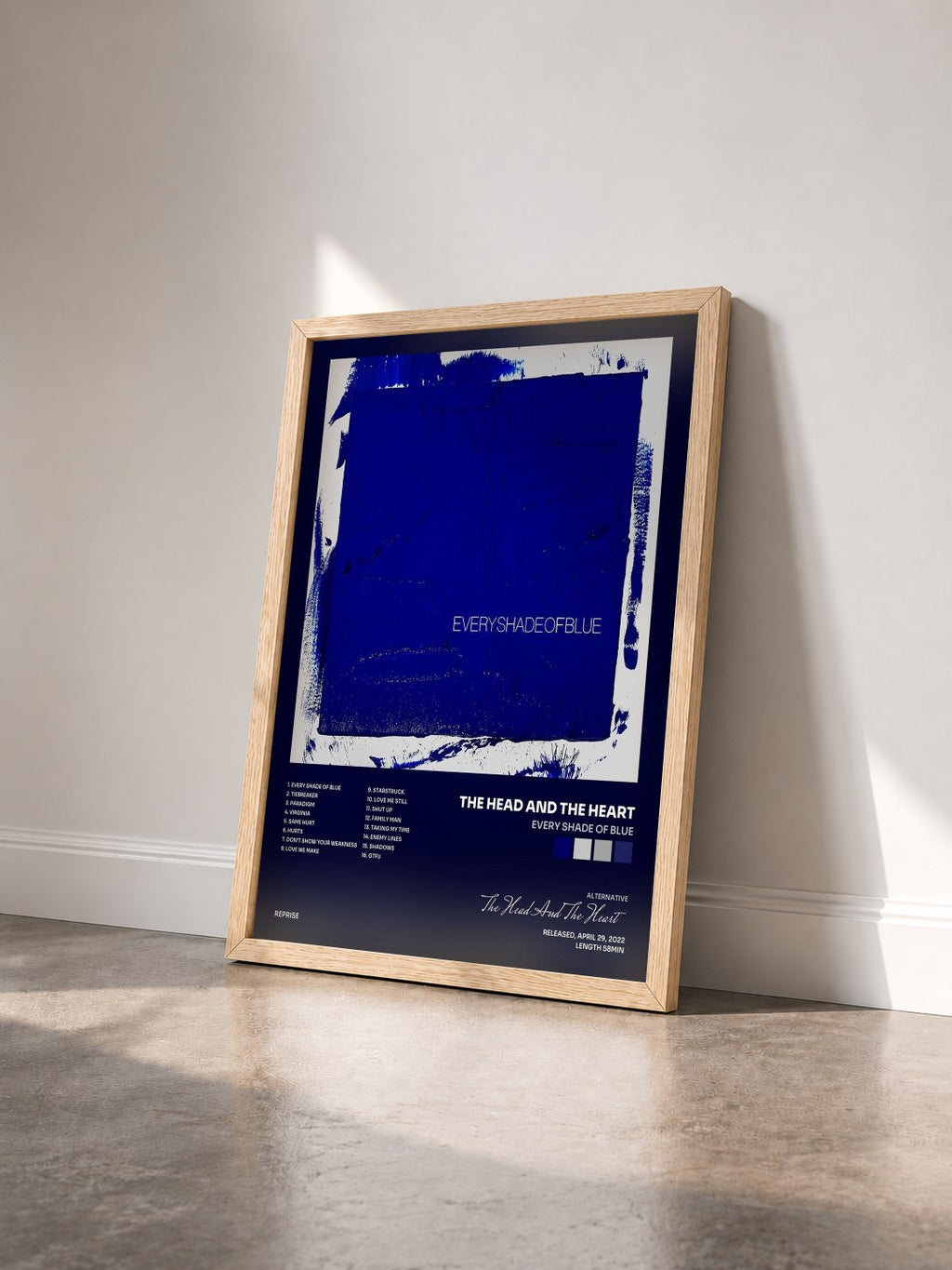 #bois Tableau de l'album Every Shade of Blue de The Head And The Heart vu de trois quarts, cadre en bois brut